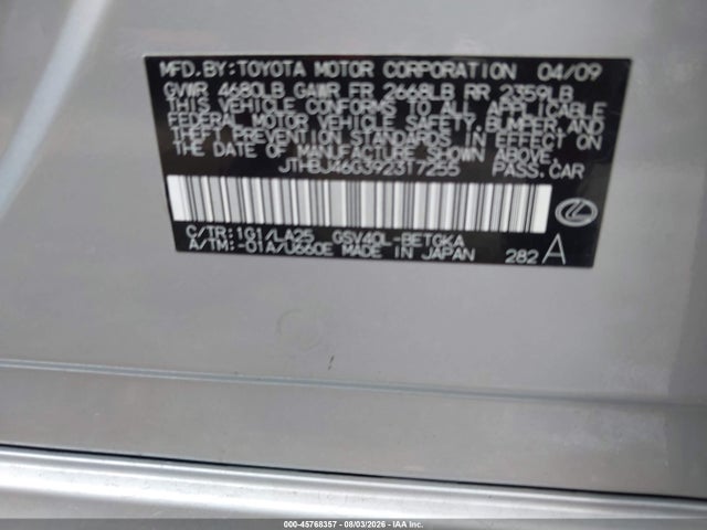 Продаж на аукціоні авто 2009 Lexus Es 350, vin: JTHBJ46G392317255, номер лоту: 45768357