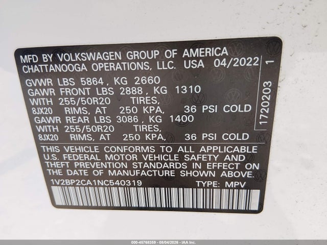 Volkswagen Atlas 2.0t Sel 2022 1V2BP2CA1NC540319 Image 9