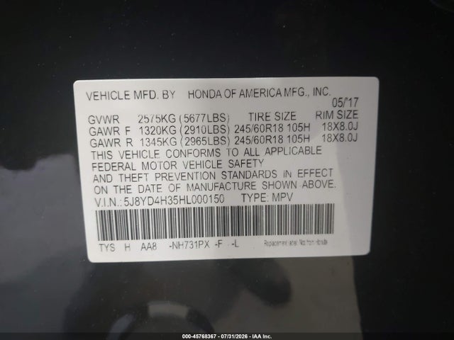 Продаж на аукціоні авто 2017 Acura Mdx, vin: 5J8YD4H35HL000150, номер лоту: 45768367