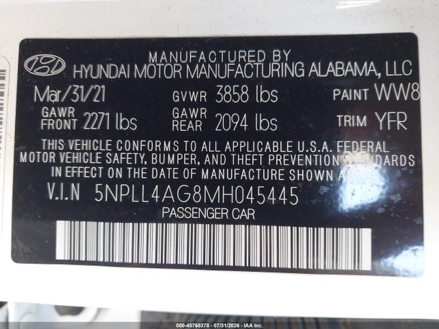 Продажа на аукционе авто 2021 Hyundai Elantra Se, vin: 5NPLL4AG8MH045445, номер лота: 45768378