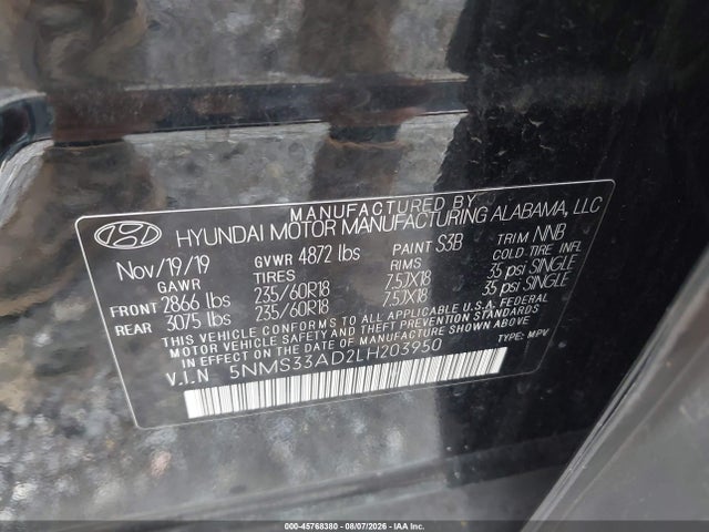 Продаж на аукціоні авто 2020 Hyundai Santa Fe Sel, vin: 5NMS33AD2LH203950, номер лоту: 45768380