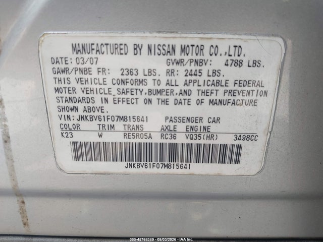 Aukcja sprzedaży 2007 Infiniti G35x, vin: JNKBV61F07M815641, numer aukcji: 45768389