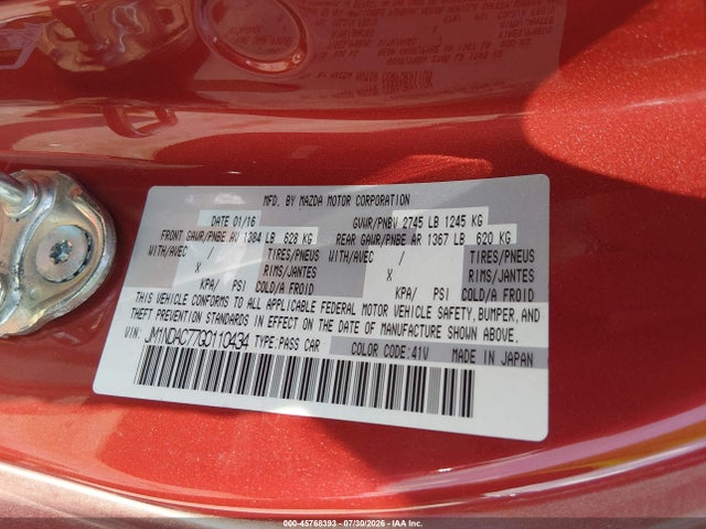 45768393 :رقم المزاد ، JM1NDAC77G0110434 vin ، 2016 Mazda Mx-5 Miata Club مزاد بيع