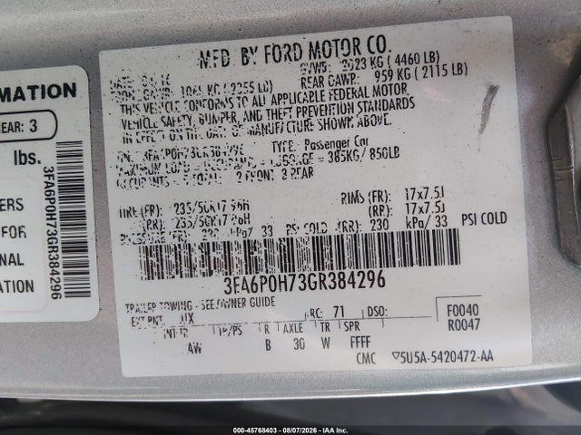 45768403 :رقم المزاد ، 3FA6P0H73GR384296 vin ، 2016 Ford Fusion Se مزاد بيع