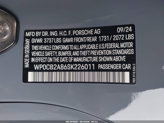 2025 Porsche 718 Boxster S მანქანა იყიდება აუქციონზე, vin: WP0CB2A86SK226011, აუქციონის ნომერი: 45768407