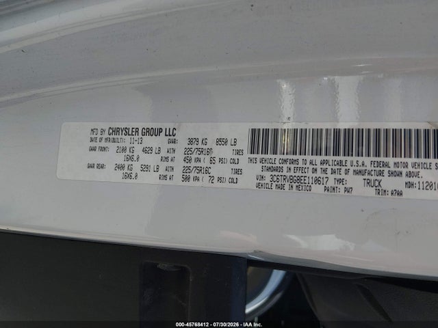 45768412 :رقم المزاد ، 3C6TRVBG8EE110617 vin ، 2014 Ram Promaster 1500 مزاد بيع