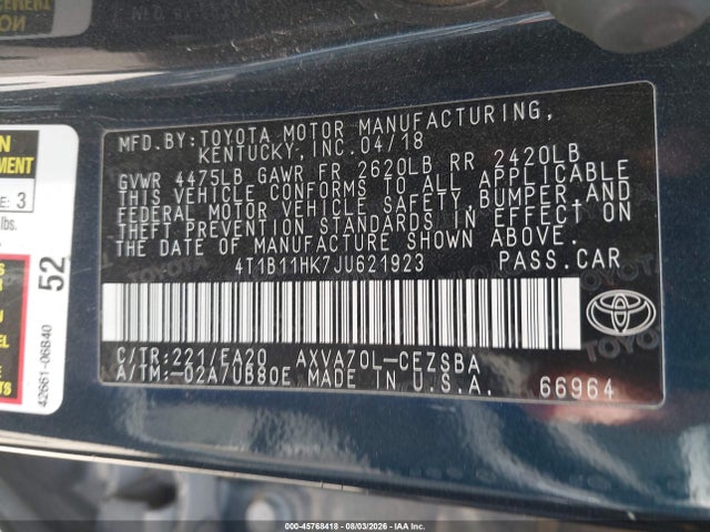 2018 Toyota Camry Se მანქანა იყიდება აუქციონზე, vin: 4T1B11HK7JU621923, აუქციონის ნომერი: 45768418