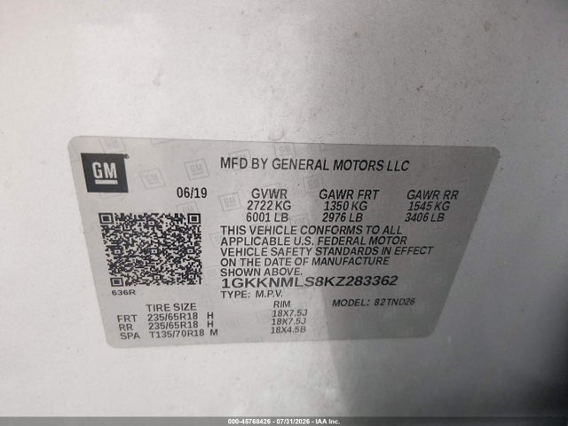 2019 Gmc Acadia Slt-1 მანქანა იყიდება აუქციონზე, vin: 1GKKNMLS8KZ283362, აუქციონის ნომერი: 45768426