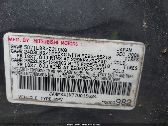 Aukcja sprzedaży 2007 Mitsubishi Outlander Xls, vin: JA4MS41X77U015624, numer aukcji: 45768431