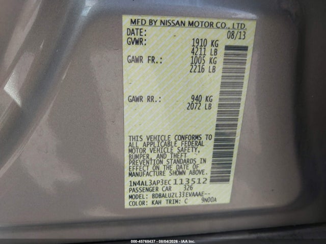 Aukcja sprzedaży 2014 Nissan Altima 2.5 Sv, vin: 1N4AL3AP3EC113512, numer aukcji: 45768437