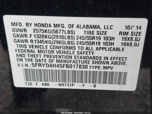 45768449 :رقم المزاد ، 5FRYD4H45FB017830 vin ، 2015 Acura Mdx Technology Package مزاد بيع