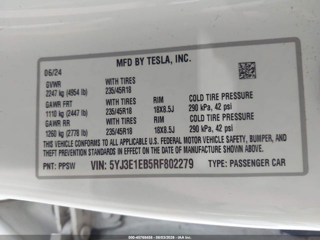5YJ3E1EB5RF802279 Tesla Model 3 Long Range Dual Motor All-wheel Drive
