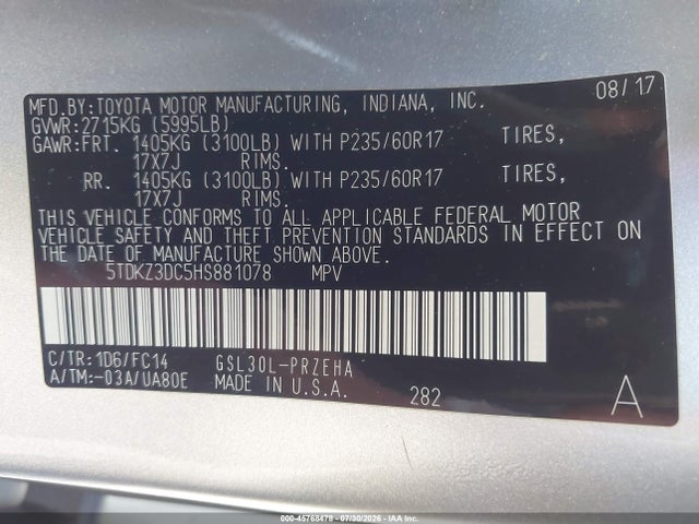 45768478 :رقم المزاد ، 5TDKZ3DC5HS881078 vin ، 2017 Toyota Sienna Le 8 Passenger مزاد بيع