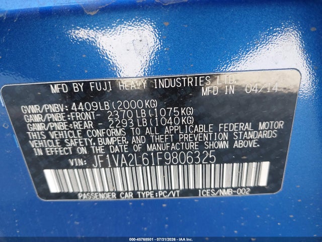 Продаж на аукціоні авто 2015 Subaru Wrx Sti, vin: JF1VA2L61F9806325, номер лоту: 45768501