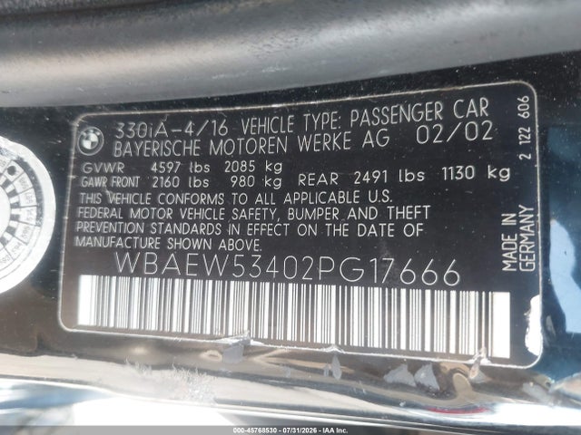 2002 Bmw 330xi მანქანა იყიდება აუქციონზე, vin: WBAEW53402PG17666, აუქციონის ნომერი: 45768530