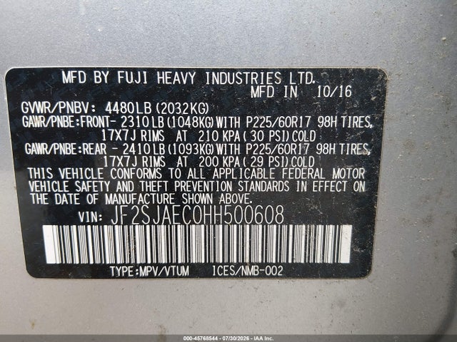Aukcja sprzedaży 2017 Subaru Forester 2.5i Premium, vin: JF2SJAEC0HH500608, numer aukcji: 45768544