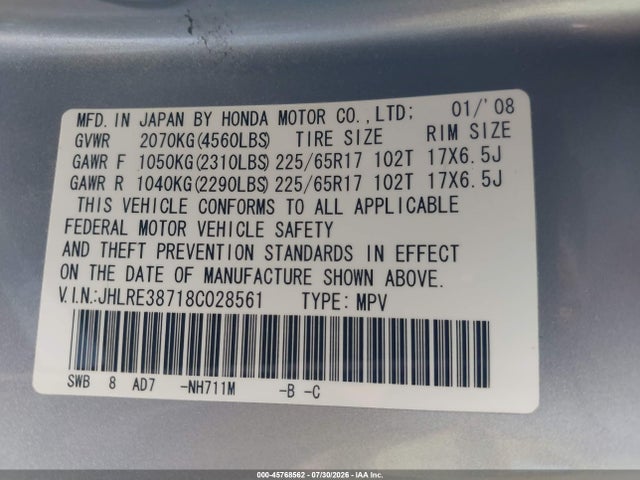 Aukcja sprzedaży 2008 Honda Cr-v Ex-l, vin: JHLRE38718C028561, numer aukcji: 45768562