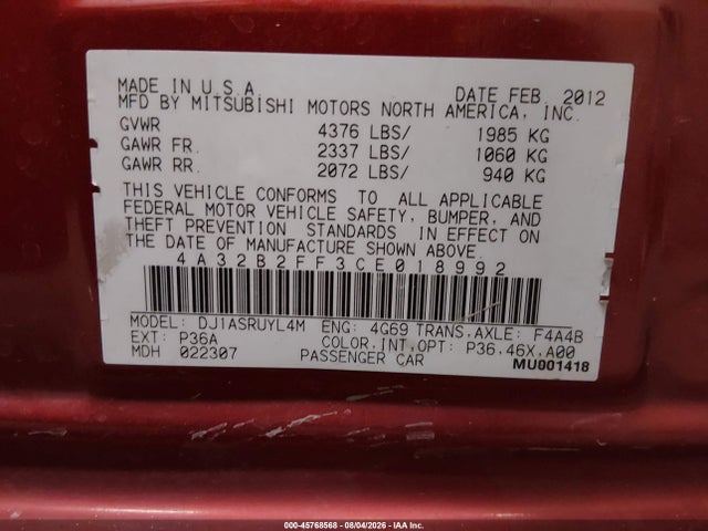 2012 Mitsubishi Galant Fe მანქანა იყიდება აუქციონზე, vin: 4A32B2FF3CE018992, აუქციონის ნომერი: 45768568