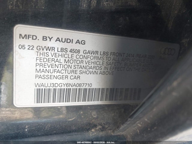 Aukcja sprzedaży 2022 Audi S3 Prestige Tfsi Quattro S Tronic, vin: WAUJ3DGY6NA087710, numer aukcji: 45768582