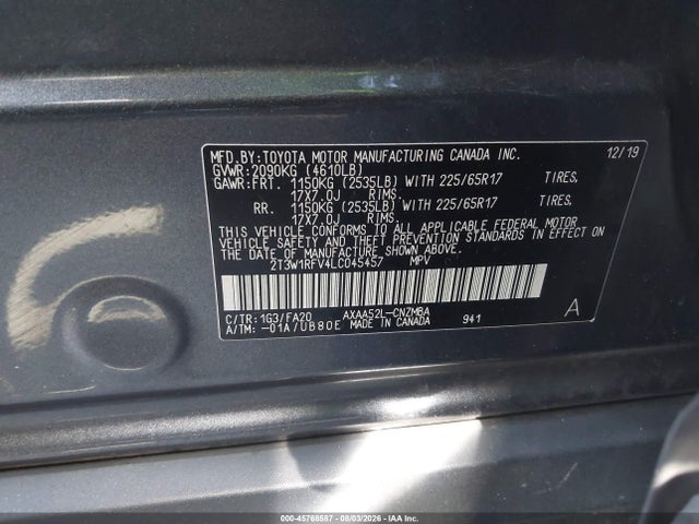 2020 Toyota Rav4 Xle მანქანა იყიდება აუქციონზე, vin: 2T3W1RFV4LC045457, აუქციონის ნომერი: 45768587