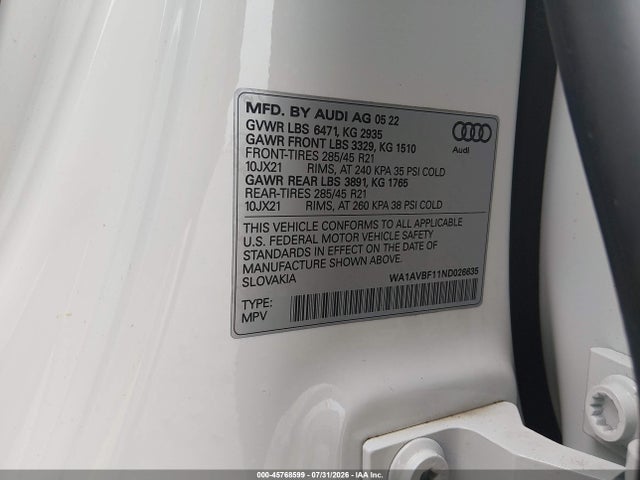 2022 Audi Q8 Premium 55 Tfsi Quattro Tiptronic მანქანა იყიდება აუქციონზე, vin: WA1AVBF11ND026635, აუქციონის ნომერი: 45768599