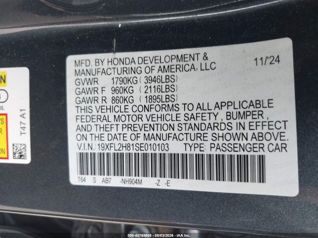 Aukcja sprzedaży 2025 Honda Civic Sedan Sport, vin: 19XFL2H81SE010103, numer aukcji: 45768605