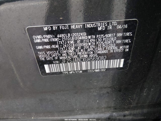 45768606 :رقم المزاد ، JF2SJABCXGH569082 vin ، 2016 Subaru Forester 2.5i مزاد بيع