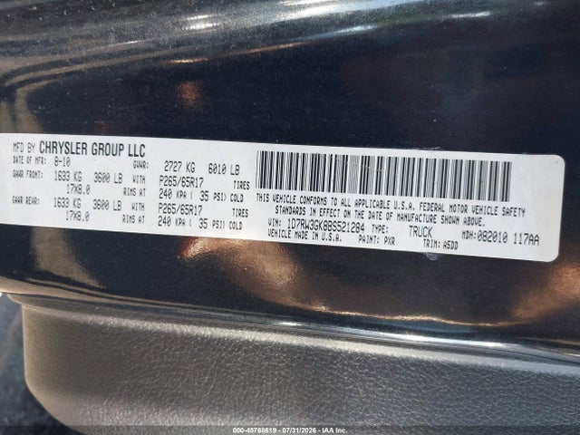 2011 Ram Dakota Bighorn/lonestar მანქანა იყიდება აუქციონზე, vin: 1D7RW3GK8BS521284, აუქციონის ნომერი: 45768619