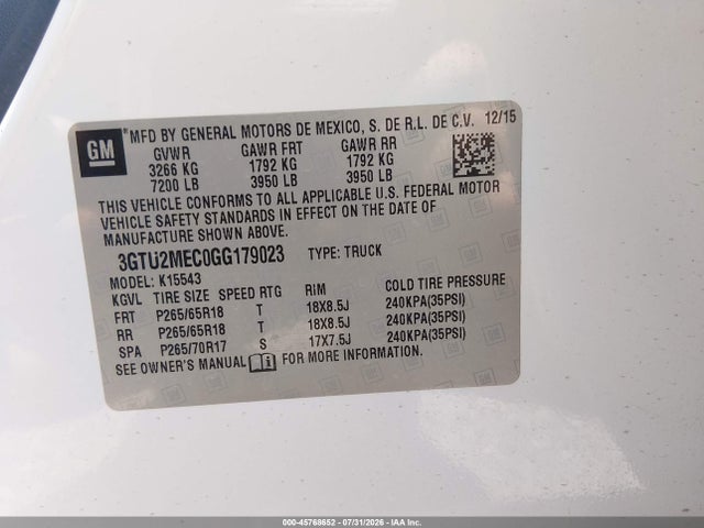 Aukcja sprzedaży 2016 Gmc Sierra 1500 Sle, vin: 3GTU2MEC0GG179023, numer aukcji: 45768652