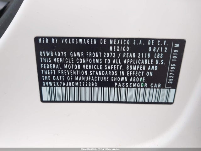 Aukcja sprzedaży 2013 Volkswagen Jetta 2.0l S, vin: 3VW2K7AJ0DM372893, numer aukcji: 45768655