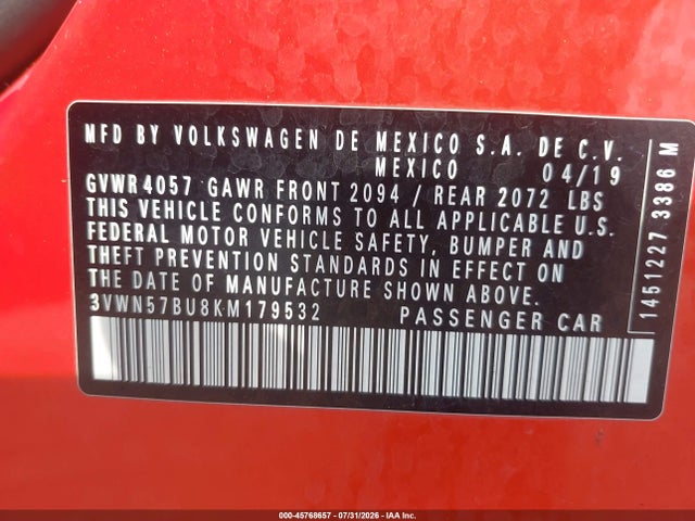Aukcja sprzedaży 2019 Volkswagen Jetta 1.4t S, vin: 3VWN57BU8KM179532, numer aukcji: 45768657