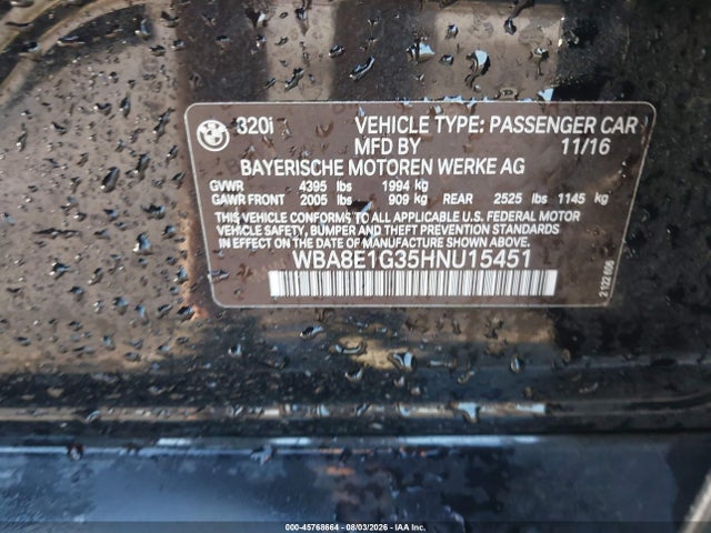 45768664 :رقم المزاد ، WBA8E1G35HNU15451 vin ، 2017 Bmw 320i مزاد بيع