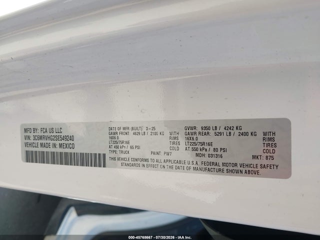 Aukcja sprzedaży 2025 Ram Promaster 3500 Tradesman High Roof 159 Wb W/pass Seat, vin: 3C6MRVHG2SE549240, numer aukcji: 45768667