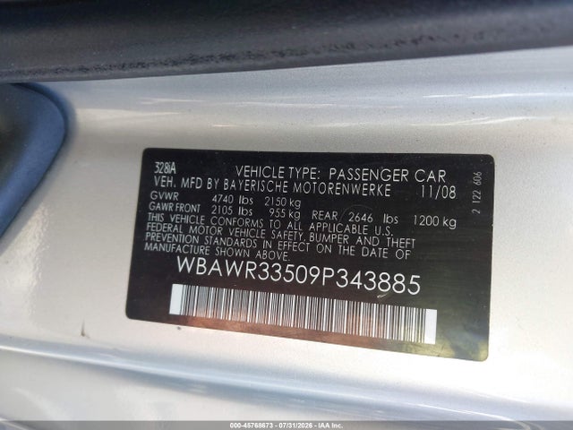 Aukcja sprzedaży 2009 Bmw 328i, vin: WBAWR33509P343885, numer aukcji: 45768673