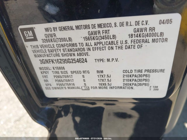 45768688 :رقم المزاد ، 3GNFK16Z95G254624 vin ، 2005 Chevrolet Suburban 1500 Z71 مزاد بيع