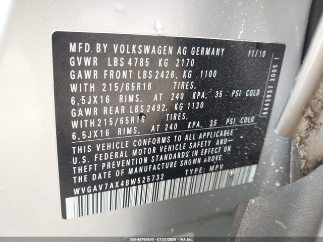 2011 Volkswagen Tiguan S მანქანა იყიდება აუქციონზე, vin: WVGAV7AX4BW525732, აუქციონის ნომერი: 45768695