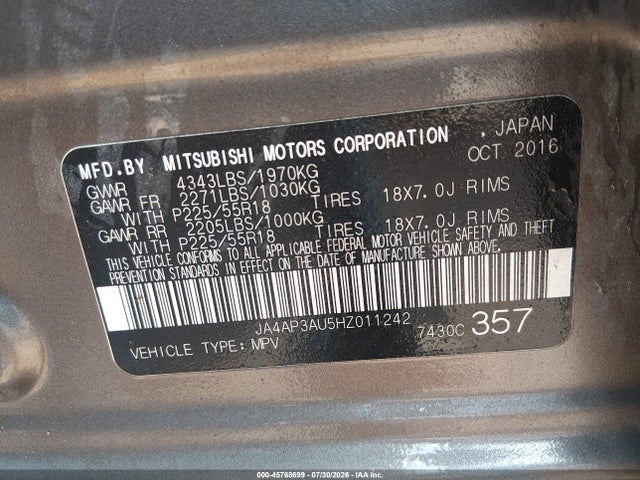Aukcja sprzedaży 2017 Mitsubishi Outlander Sport 2.0 Es/2.0 Le, vin: JA4AP3AU5HZ011242, numer aukcji: 45768699
