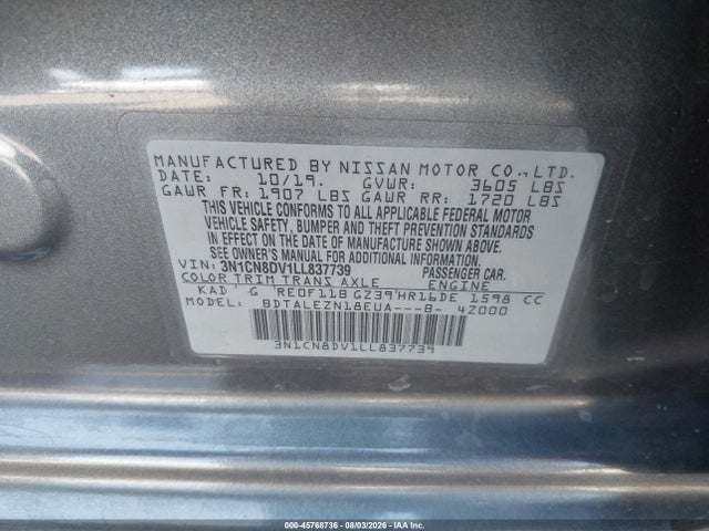 2020 Nissan Versa S Xtronic Cvt მანქანა იყიდება აუქციონზე, vin: 3N1CN8DV1LL837739, აუქციონის ნომერი: 45768736