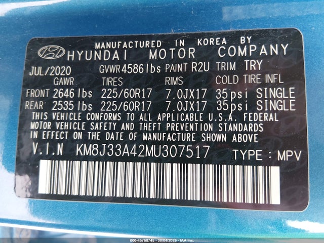 Продажа на аукционе авто 2021 Hyundai Tucson Value, vin: KM8J33A42MU307517, номер лота: 45768745