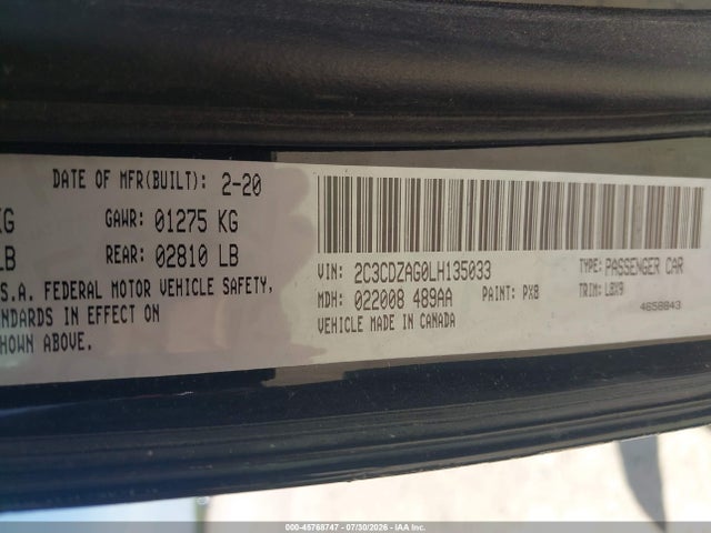 Aukcja sprzedaży 2020 Dodge Challenger Sxt, vin: 2C3CDZAG0LH135033, numer aukcji: 45768747