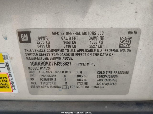 Chevrolet Traverse Lt 2015 1GNKRGKD7FJ358827 Image 9