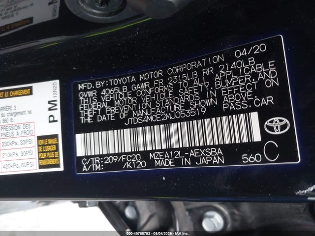 JTDS4MCE2MJ053519 Toyota COROLLA SE
