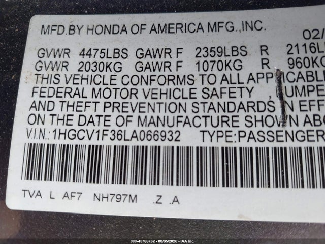 Продаж на аукціоні авто 2020 Honda Accord Sport, vin: 1HGCV1F36LA066932, номер лоту: 45768762