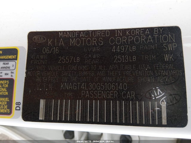 Aukcja sprzedaży 2016 Kia Optima Lx, vin: KNAGT4L30G5106140, numer aukcji: 45768770