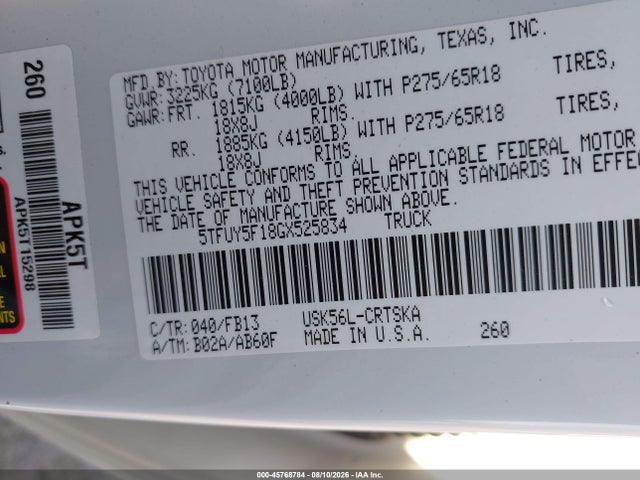 5TFUY5F18GX525834 Toyota Tundra Sr5 5.7l V8