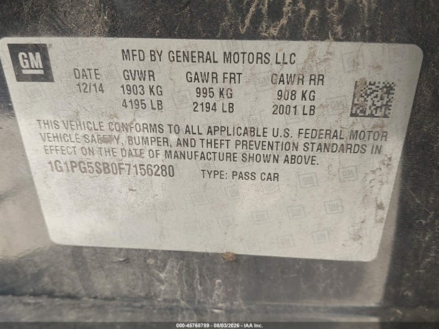 45768789 :رقم المزاد ، 1G1PG5SB0F7156280 vin ، 2015 Chevrolet Cruze Ltz مزاد بيع