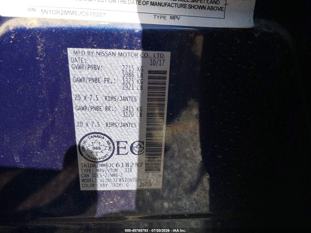 Продажа на аукционе авто 2018 Nissan Pathfinder Platinum/s/sl/sv, vin: 5N1DR2MM6JC618287, номер лота: 45768792
