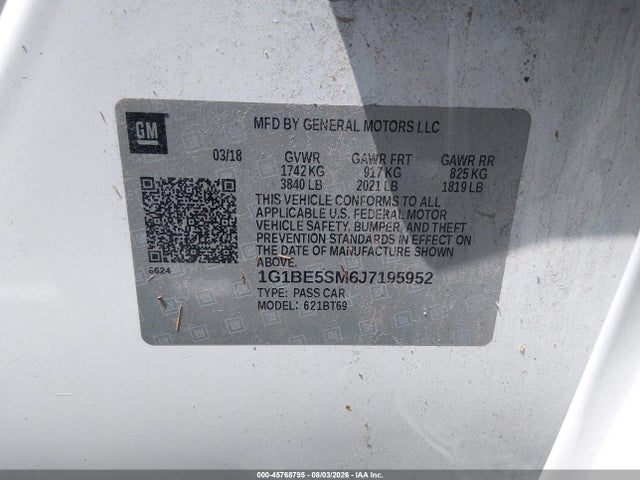 45768795 :رقم المزاد ، 1G1BE5SM6J7195952 vin ، 2018 Chevrolet Cruze Lt Auto مزاد بيع