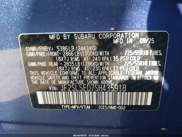 45768797 :رقم المزاد ، JF2SLSED7SH435918 vin ، 2025 Subaru Forester Premium Hybrid مزاد بيع