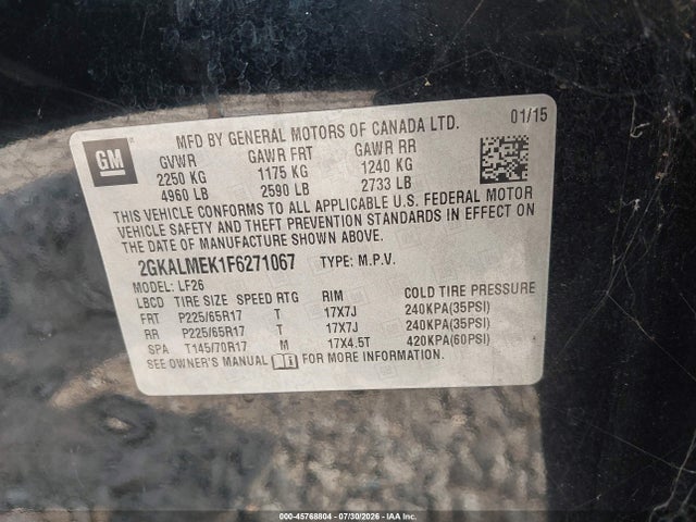 Aukcja sprzedaży 2015 Gmc Terrain Sle-1, vin: 2GKALMEK1F6271067, numer aukcji: 45768804